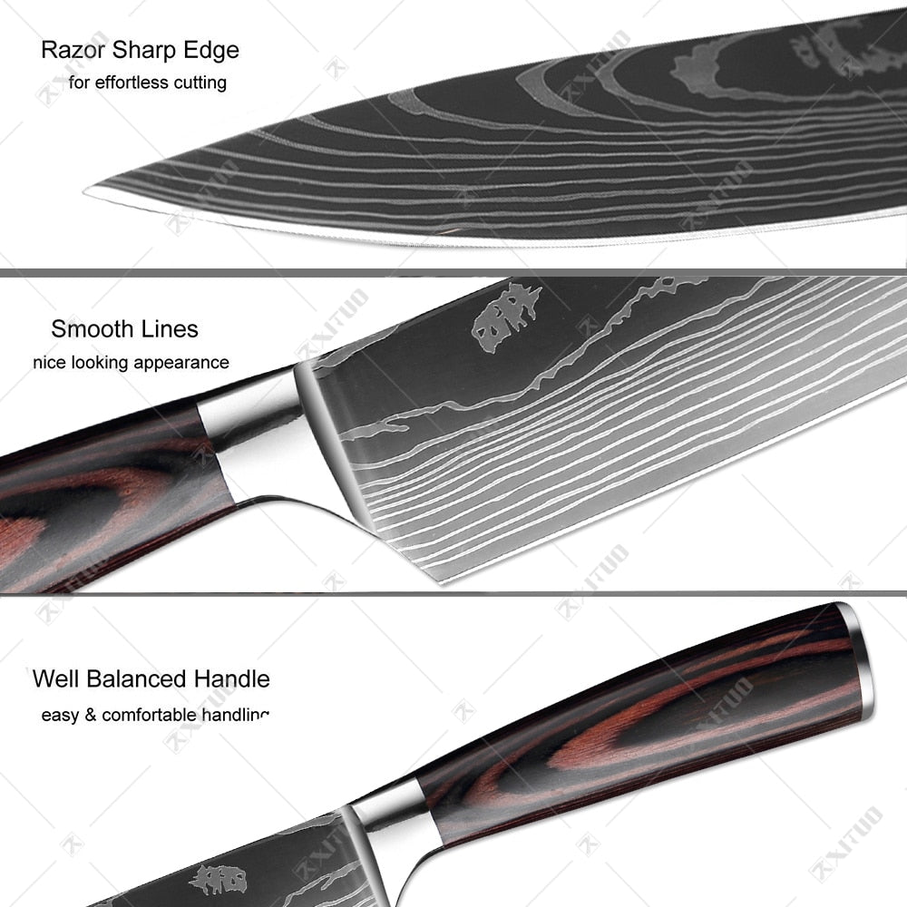 XITUO Kitchen Knife Japanese Knife Cooking Set 3" 5" 7" 8" inch+Laser Damascus Pattern Paring Fruit Vege Chef Knife Kitchen Tool