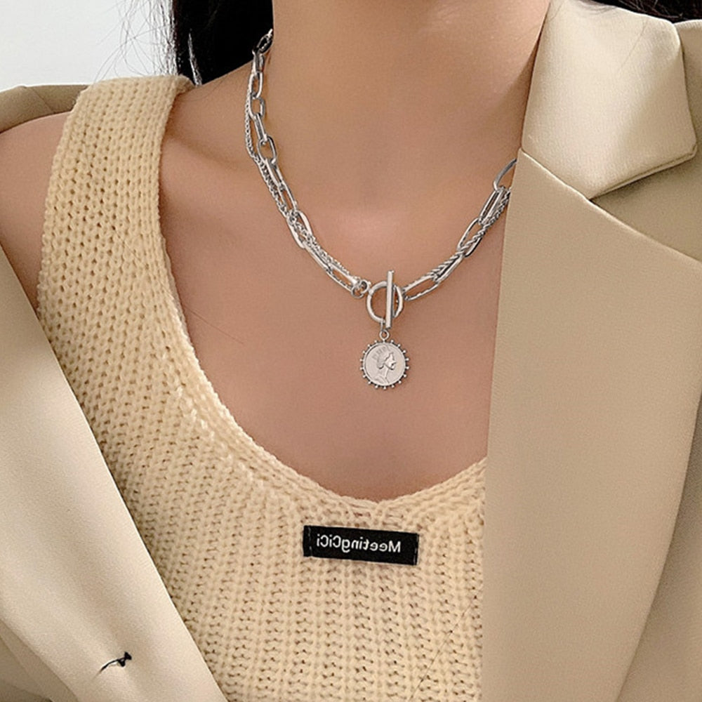 Vintage Geschnitzt Münze Dicke Kette OT Schnalle Halskette Bohemian Punk Metall Münze Kragen Halsband Halskette Mode Frauen Punk Schmuck