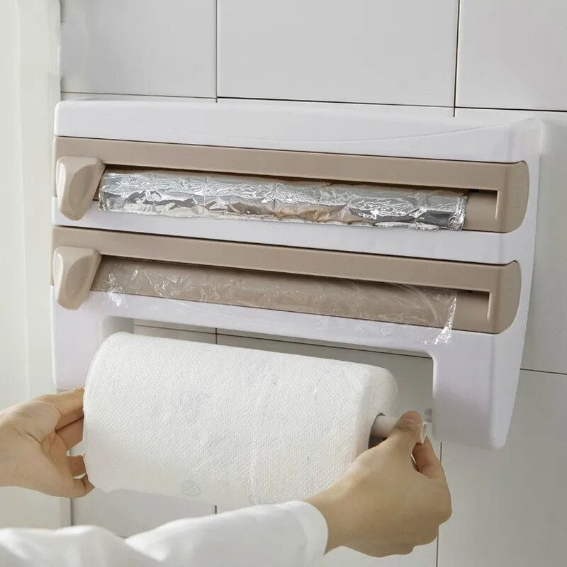 Kitchen Fresh-keeping Film Storage Rack Multi-functional Foil Barbecue Paper Towel Wall Mounted Storage Rack With Cutter