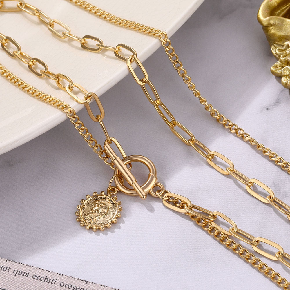 Vintage Geschnitzt Münze Dicke Kette OT Schnalle Halskette Bohemian Punk Metall Münze Kragen Halsband Halskette Mode Frauen Punk Schmuck
