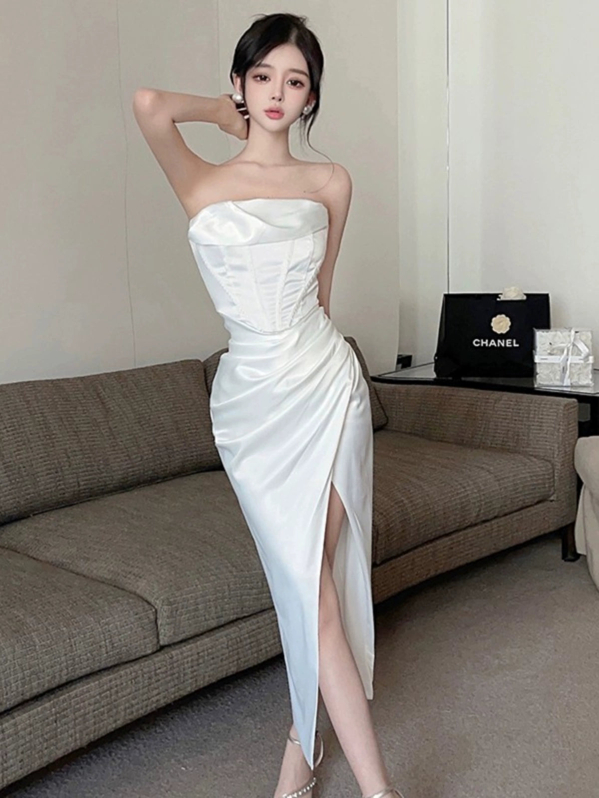 Sexy off-Shoulder Waist Slit Dress Tube Top