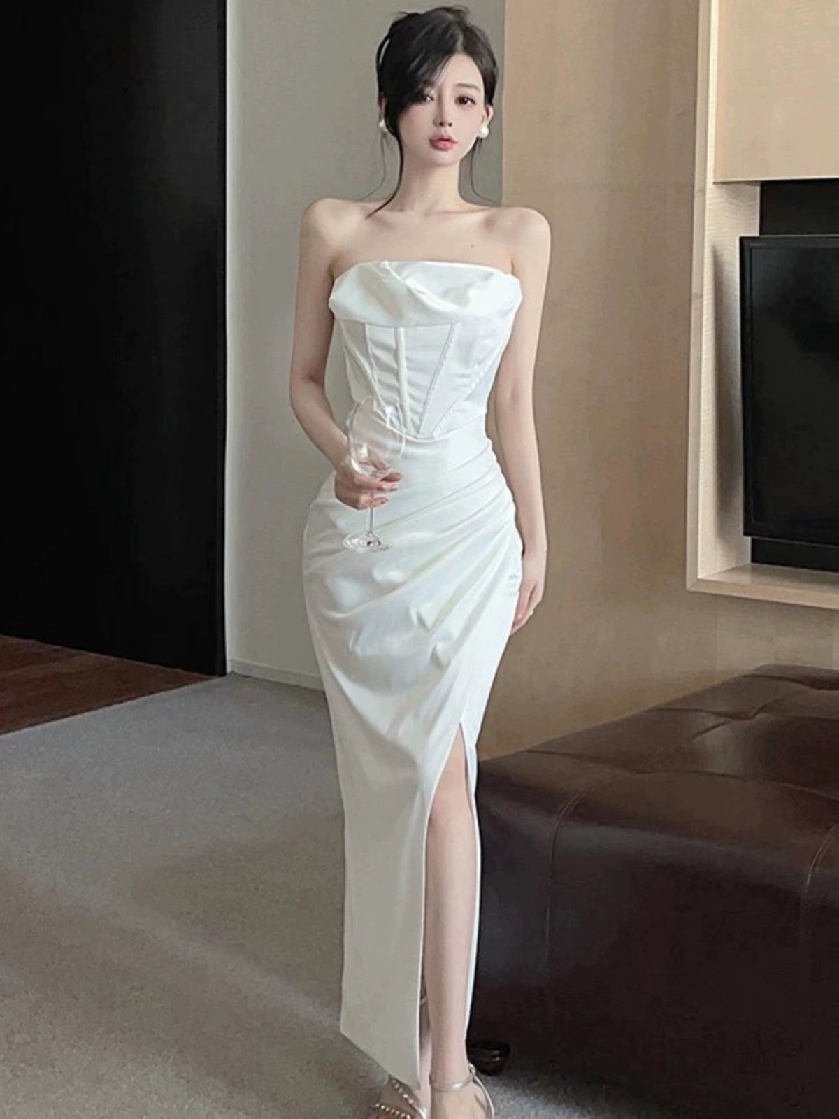 Sexy off-Shoulder Waist Slit Dress Tube Top