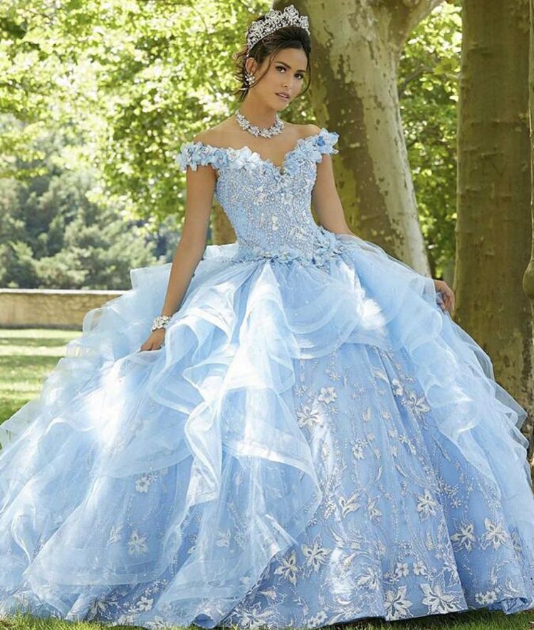 LSYX Light Blue Sweet 16 Quinceanera Dress 2022 Off Shoulder Appliques Sequins Flowers Princess Party Gown Vestidos De 15 Años