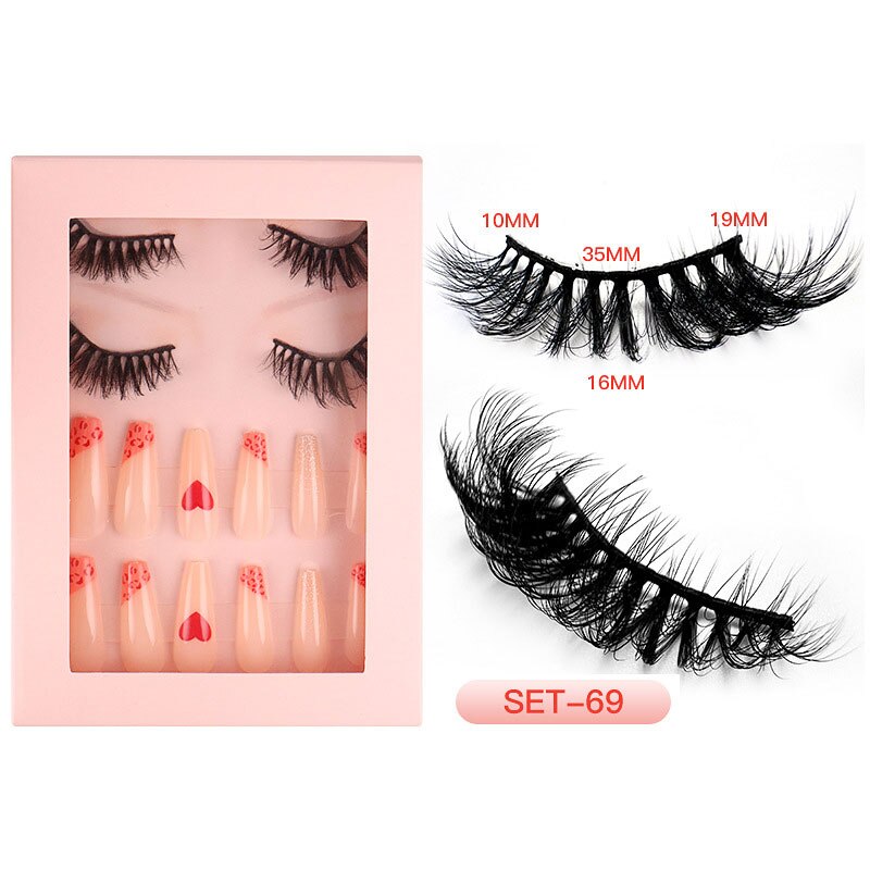 1Set Natural Wild Eyelashes with False Nail Packing Boxes Set Package 3D Fluffy Imitation Mink Lashes Nail Art Suit Box