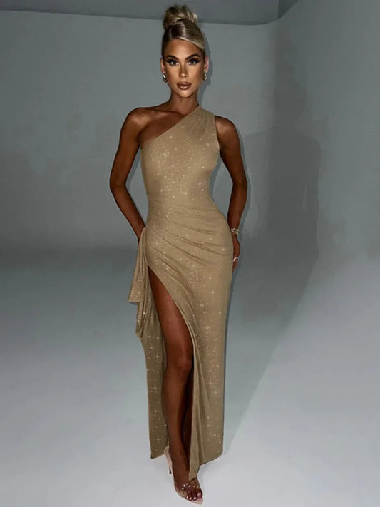 Mozision Elegant Backless Sexy Maxi Dress For Women Fashion Diagonal Collar Sleeveless Thigh High Split Bodycon Club Party Dress