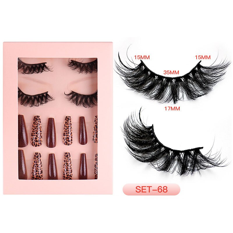 1Set Natural Wild Eyelashes with False Nail Packing Boxes Set Package 3D Fluffy Imitation Mink Lashes Nail Art Suit Box