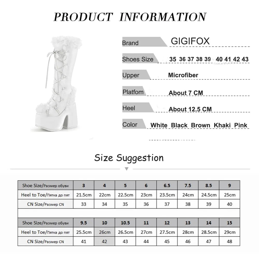 GIGIFOX Platform Furry Boots Chunky High Heeled Winter Autumn Knee High Boots Women Faux Fur Zip Gothic Style Punk Shoes Ladies