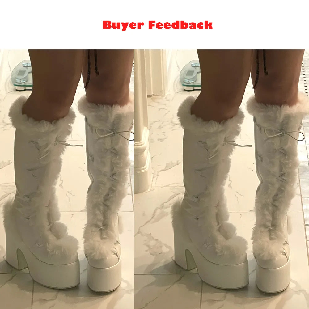 GIGIFOX Platform Furry Boots Chunky High Heeled Winter Autumn Knee High Boots Women Faux Fur Zip Gothic Style Punk Shoes Ladies