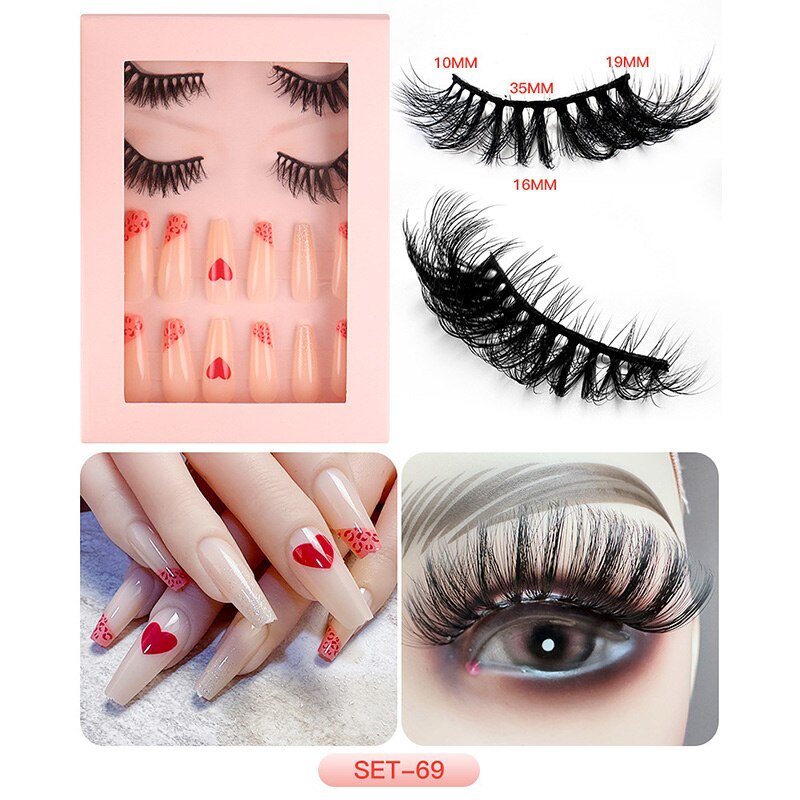 1Set Natural Wild Eyelashes with False Nail Packing Boxes Set Package 3D Fluffy Imitation Mink Lashes Nail Art Suit Box