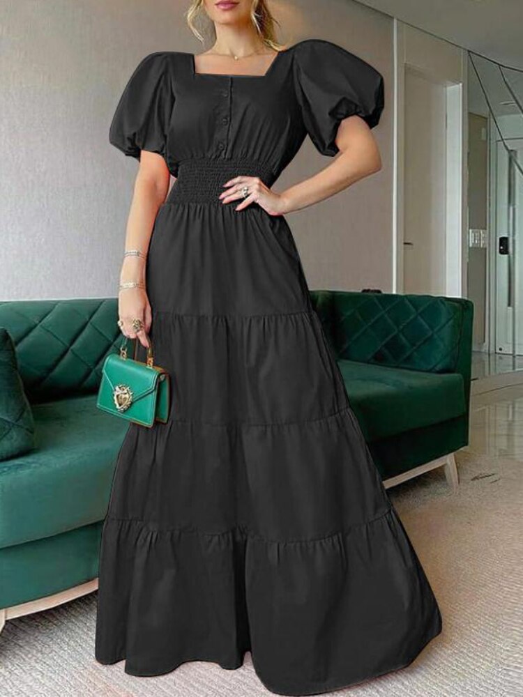 2022 Summer Women's Dress Fashion Solid Color Square Neck Bubble Sleeve Waist Closing Leisure Beach Oversized Women's Long Dress