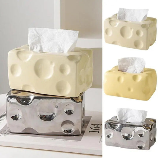 Tissue Box Cheese Ceramic Paper Towel Case Facial Tissue Box Holder Creative Napkin Dispenser Storage Box With Non-Slip Pad