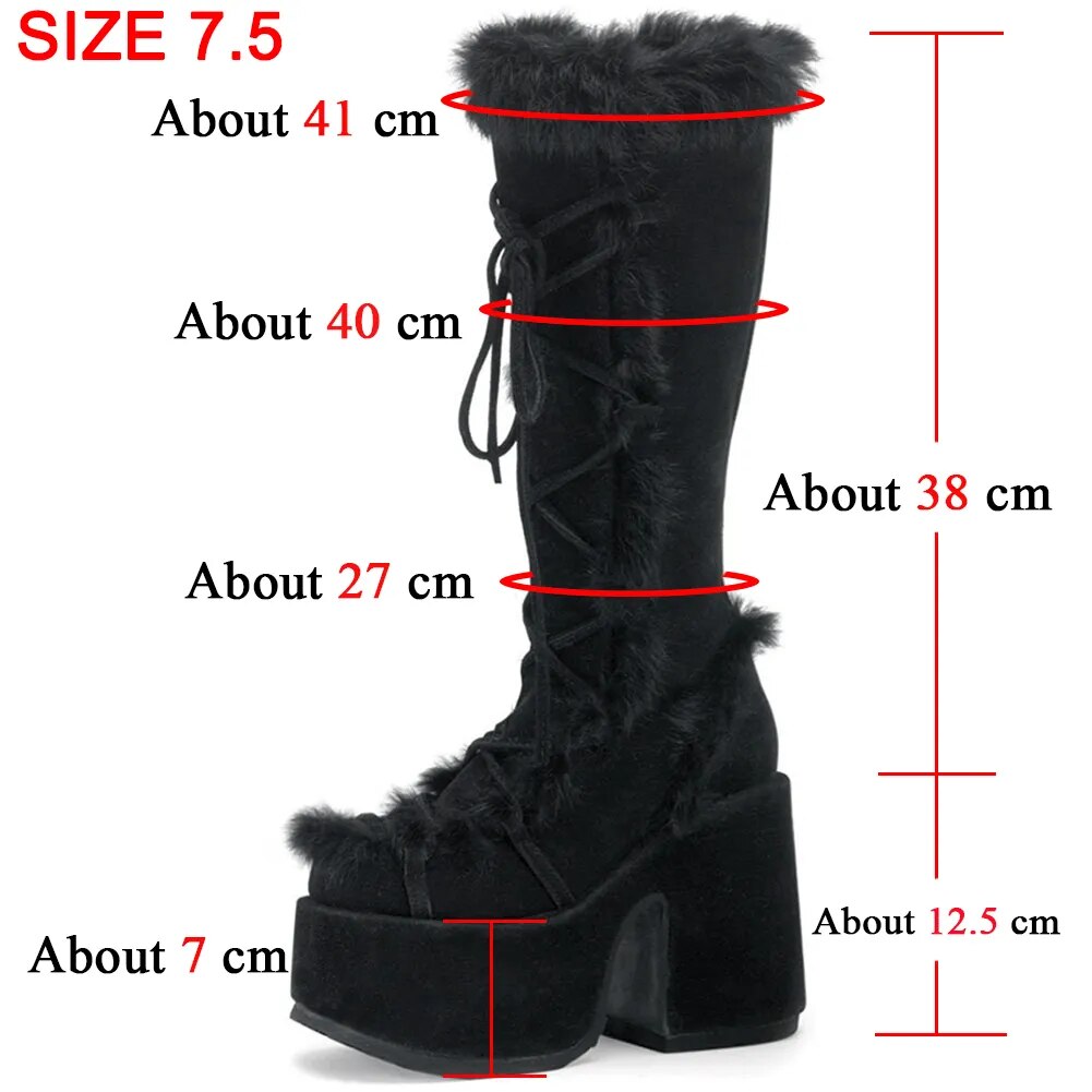 GIGIFOX Platform Furry Boots Chunky High Heeled Winter Autumn Knee High Boots Women Faux Fur Zip Gothic Style Punk Shoes Ladies