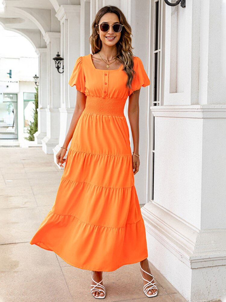 2022 Summer Women's Dress Fashion Solid Color Square Neck Bubble Sleeve Waist Closing Leisure Beach Oversized Women's Long Dress