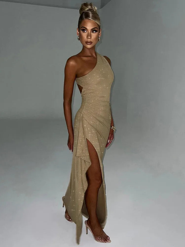 Mozision Elegant Backless Sexy Maxi Dress For Women Fashion Diagonal Collar Sleeveless Thigh High Split Bodycon Club Party Dress