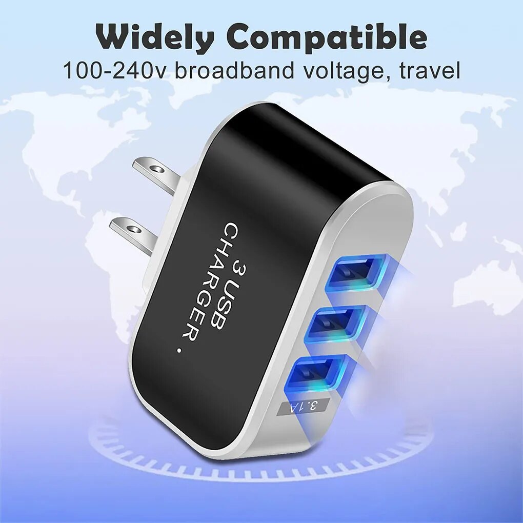 US Plug Phone Charger USB 3 Ports LED 110V Cellphone Tablet Charging Adapter Portable Circuit Protection Lighting Office Block