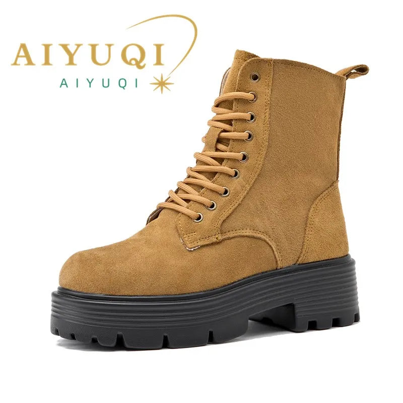 AIYUQI Boots Women 2023 Autumn New Genuine Leather Suede chunky Women Short Boots British Style Women Motorcycle Boots