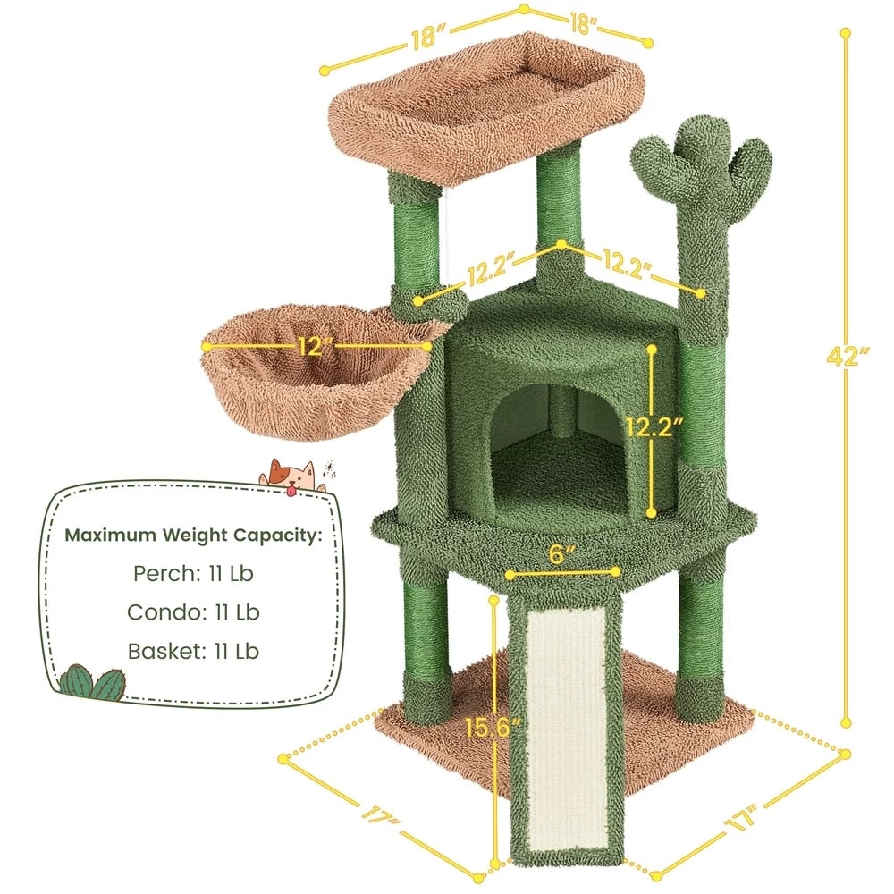 42" H Cactus Cat Tree Tower with Natural Sisal Scratching Posts,Green &amp; Brown,Cat Supplies,So That Cats Can Play Happily At Home