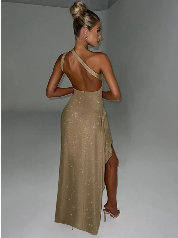 Mozision Elegant Backless Sexy Maxi Dress For Women Fashion Diagonal Collar Sleeveless Thigh High Split Bodycon Club Party Dress