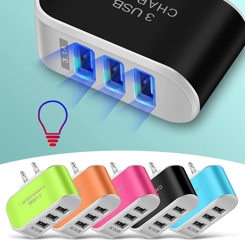 US Plug Phone Charger USB 3 Ports LED 110V Cellphone Tablet Charging Adapter Portable Circuit Protection Lighting Office Block