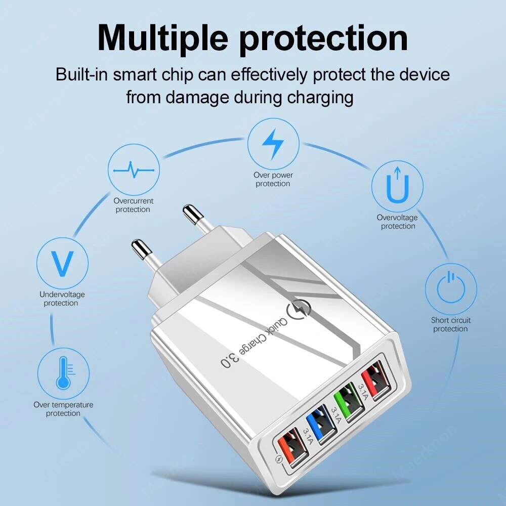 Quick Charger 3.0 48W 4 Port USB Charger Fast Charging Wall Adapter For iPhone 13 12 Pro Samsung Xiaomi EU/US Plug Phone Charger