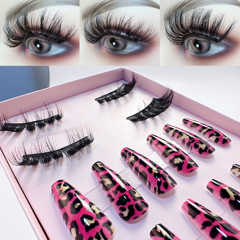 1Set Natural Wild Eyelashes with False Nail Packing Boxes Set Package 3D Fluffy Imitation Mink Lashes Nail Art Suit Box