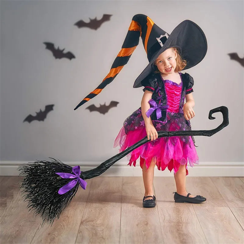 Halloween Party Decoration Witch Broom with Ribbon Perfect Photo Booth Accessory and Favor for Spooky Celebrations