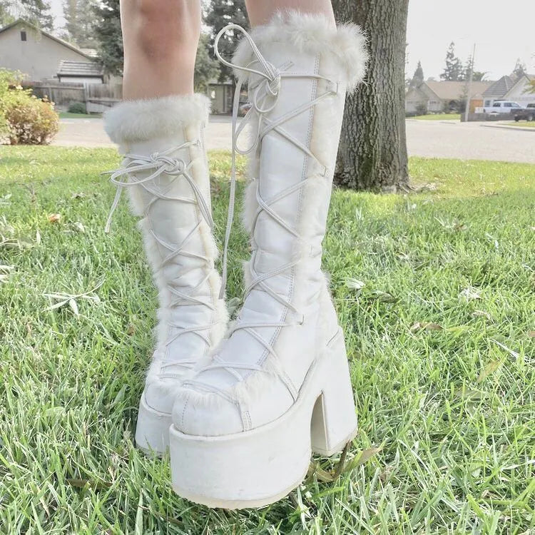 GIGIFOX Platform Furry Boots Chunky High Heeled Winter Autumn Knee High Boots Women Faux Fur Zip Gothic Style Punk Shoes Ladies