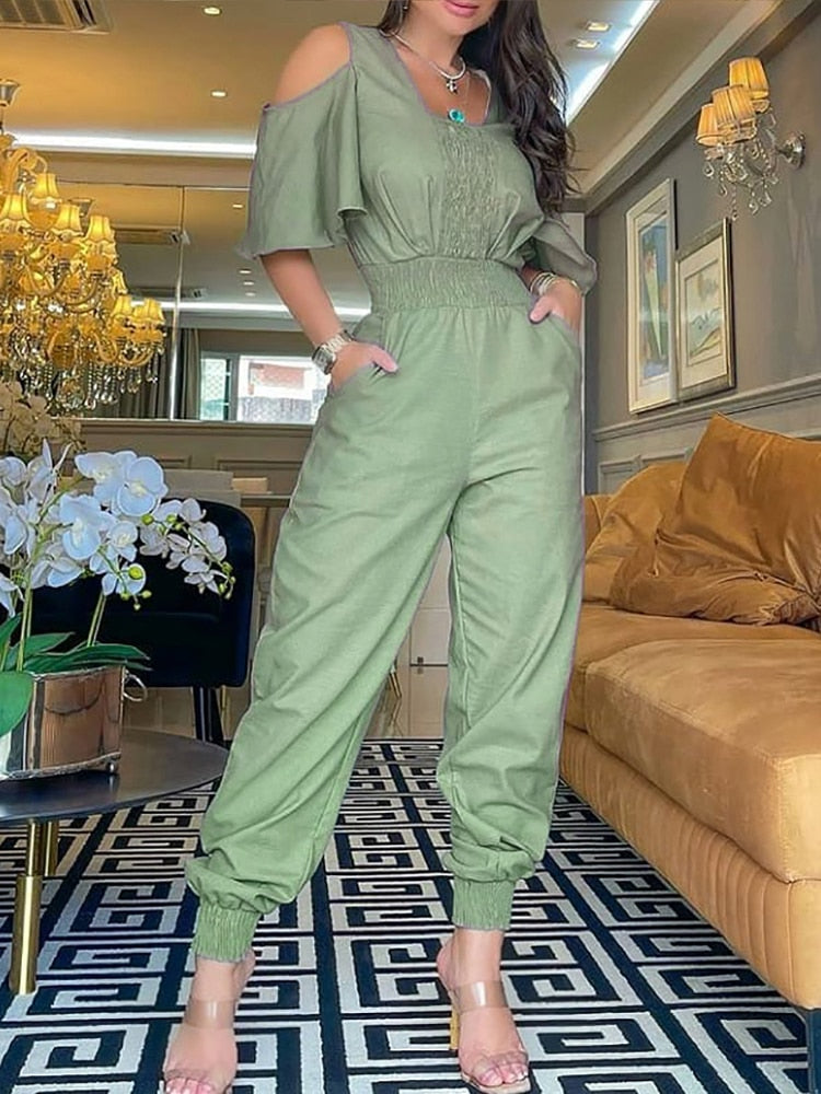 Women Fashion Elegant Short Sleeve Partywear Jumpsuits One Piece Clothing Cold Shoulder Shirring Waist Ruffles Jumpsuit