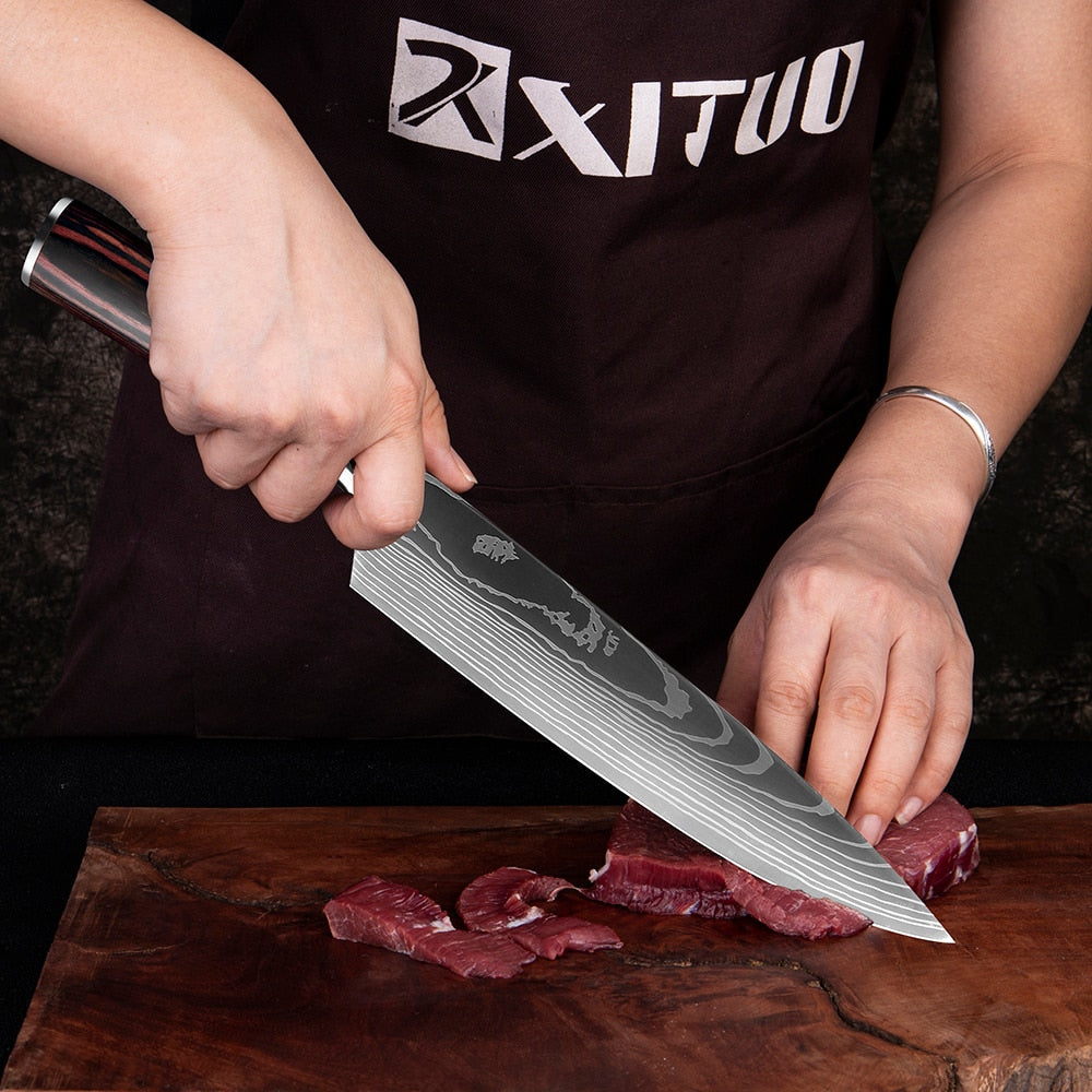 XITUO Kitchen Knife Japanese Knife Cooking Set 3" 5" 7" 8" inch+Laser Damascus Pattern Paring Fruit Vege Chef Knife Kitchen Tool