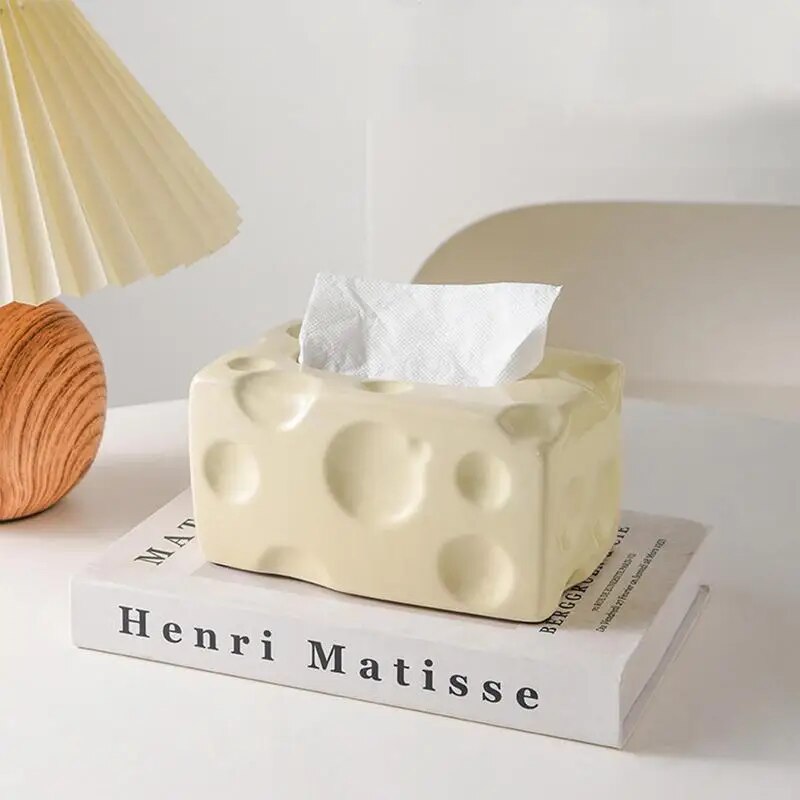 Tissue Box Cheese Ceramic Paper Towel Case Facial Tissue Box Holder Creative Napkin Dispenser Storage Box With Non-Slip Pad