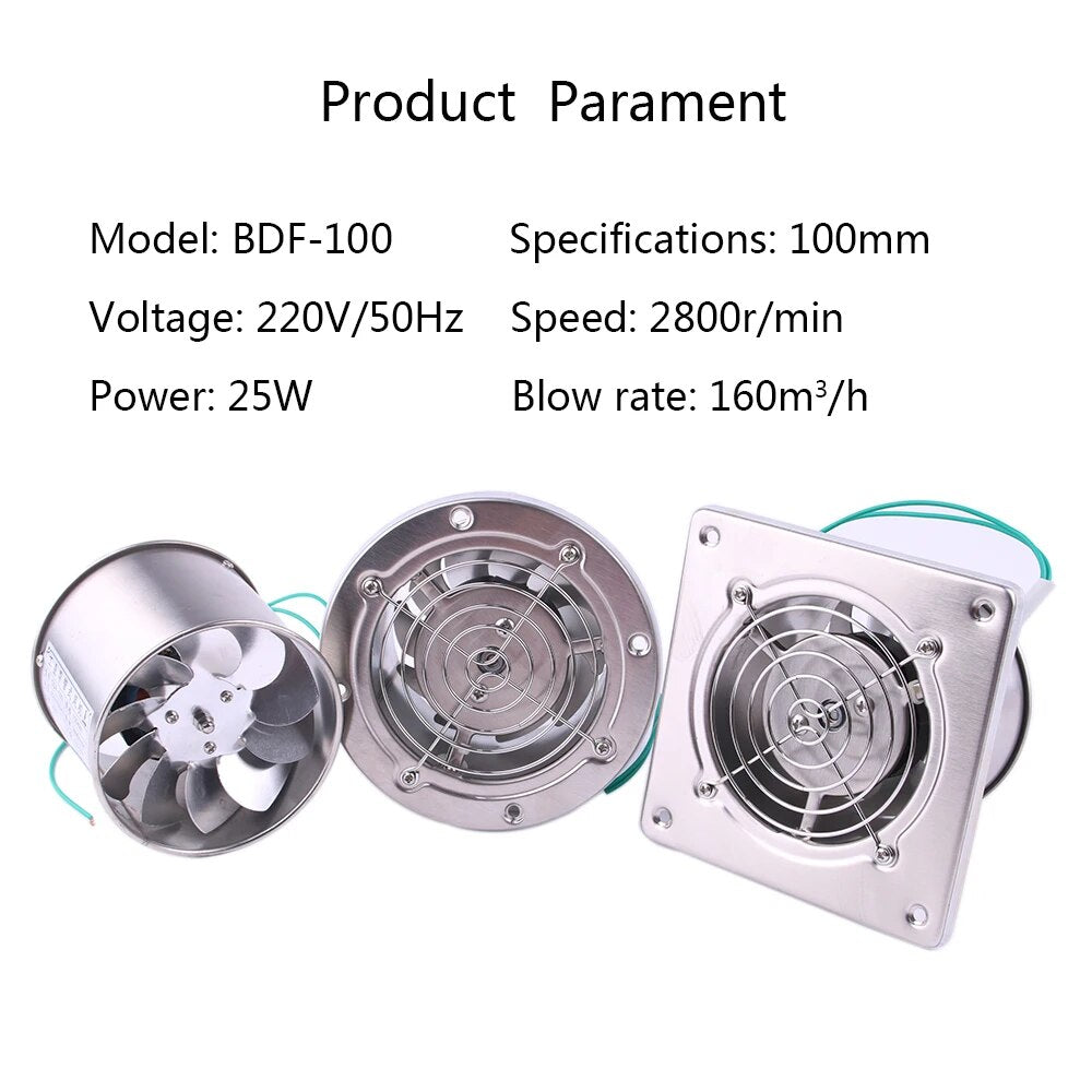 4 Inch Pipe Stainless Steel Exhaust Fan Window Duct Air Ventilation Blower Toilet Kitchen Ventilator Booster Extractor 100mm