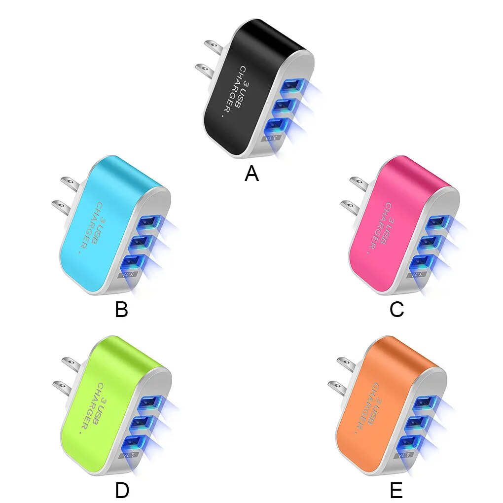 US Plug Phone Charger USB 3 Ports LED 110V Cellphone Tablet Charging Adapter Portable Circuit Protection Lighting Office Block