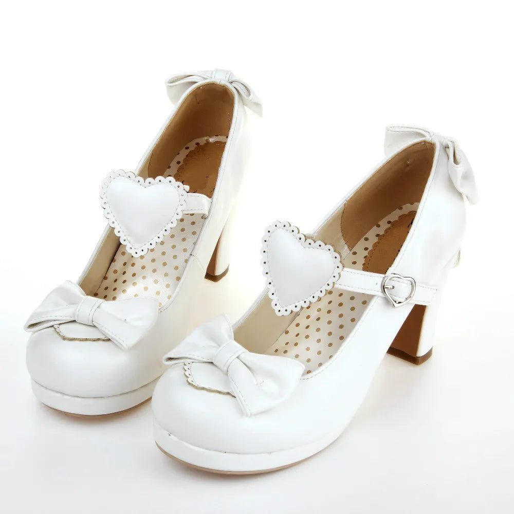 Honeycherry The New High-heeled Cute Bow Tie Sweet Lolita Girls Love Solid Round Princess Shoes More Softer Pumps