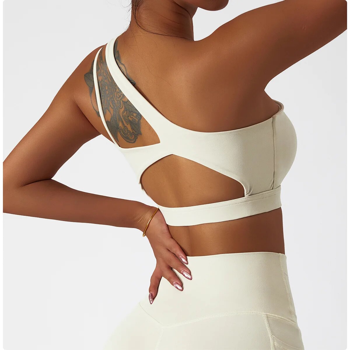 Sexy One Shoulder Yoga Bras Crop Shockproof Sports Underwear Push Up Running Vest Wire Free Gym Sportswear Fitness Bra Vest