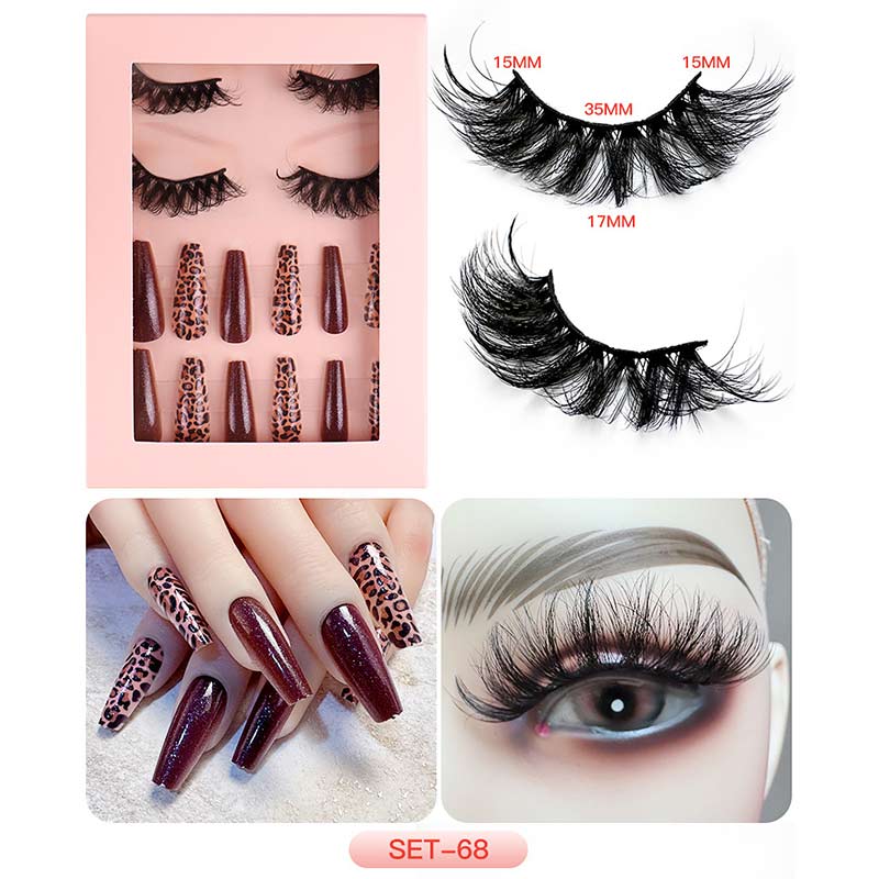 1Set Natural Wild Eyelashes with False Nail Packing Boxes Set Package 3D Fluffy Imitation Mink Lashes Nail Art Suit Box