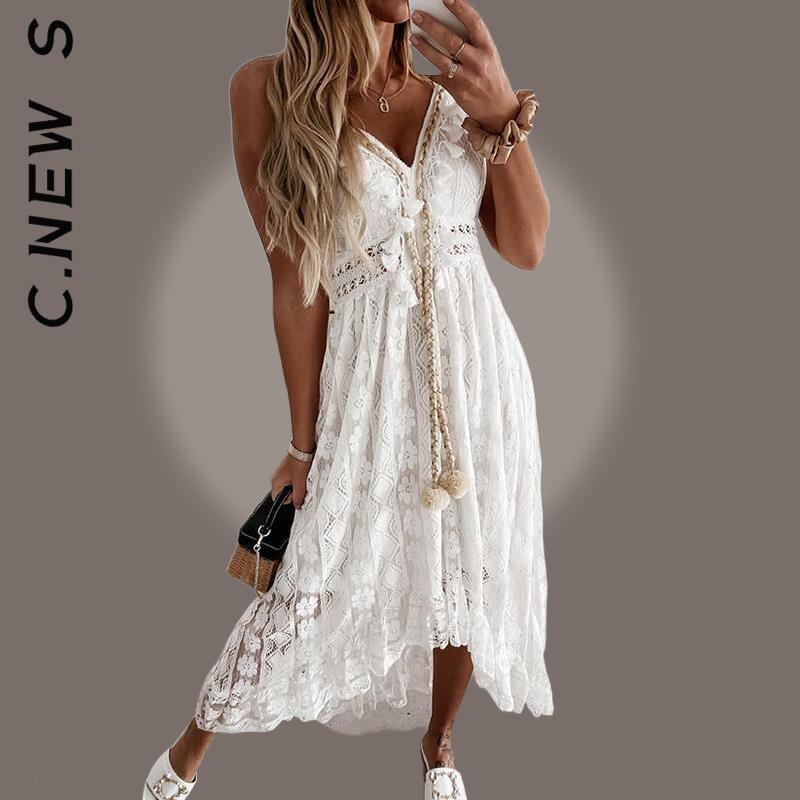 C.New S Dress Fashion Women Temperament V Neck Spaghetti Strap Dress Girl Popular Female Vestidos Clothing