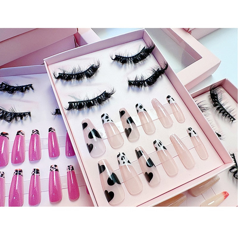 1Set Natural Wild Eyelashes with False Nail Packing Boxes Set Package 3D Fluffy Imitation Mink Lashes Nail Art Suit Box