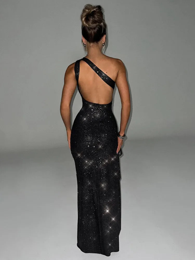Mozision Elegant Backless Sexy Maxi Dress For Women Fashion Diagonal Collar Sleeveless Thigh High Split Bodycon Club Party Dress