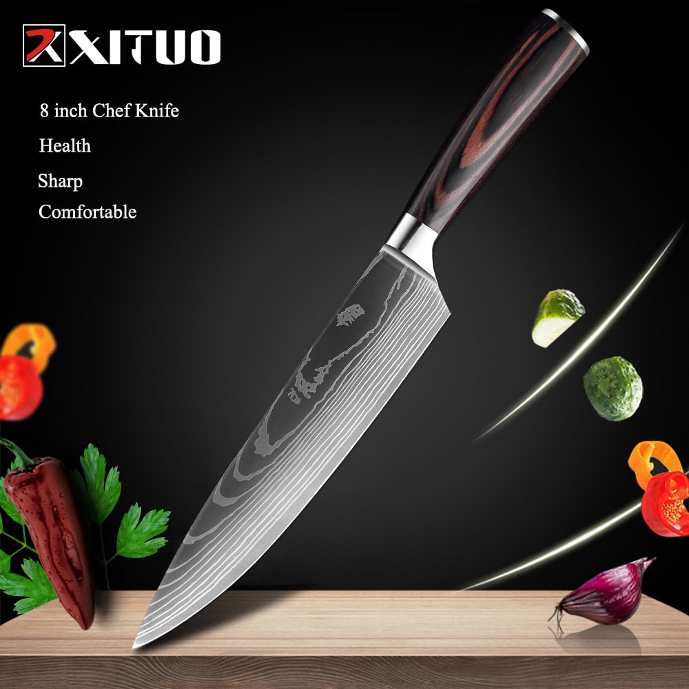 XITUO Kitchen Knife Japanese Knife Cooking Set 3" 5" 7" 8" inch+Laser Damascus Pattern Paring Fruit Vege Chef Knife Kitchen Tool