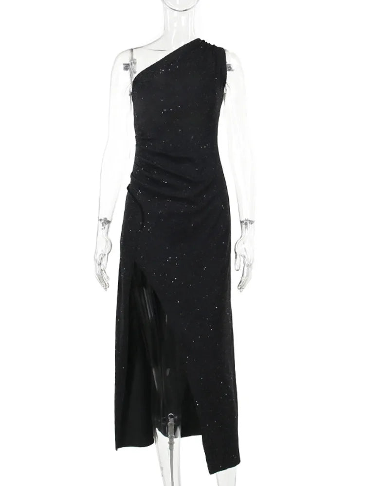 Mozision Elegant Backless Sexy Maxi Dress For Women Fashion Diagonal Collar Sleeveless Thigh High Split Bodycon Club Party Dress