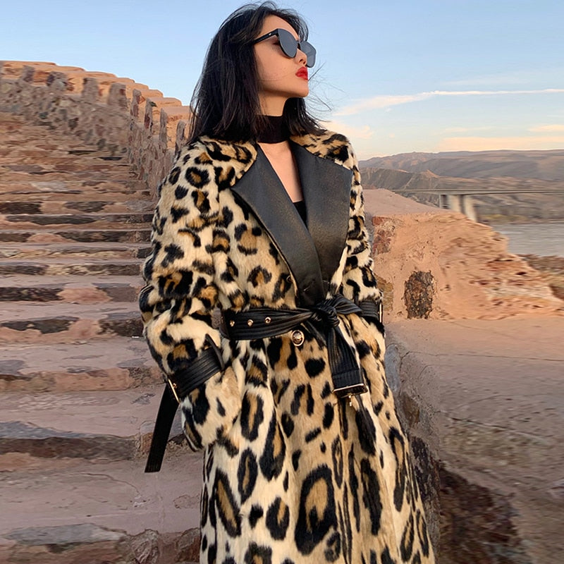 Lautaro Winter Long Leopard Print Warm Fluffy Faux Fur Trench Coat for Women Long Sleeve Double Breasted European Fashion 2021