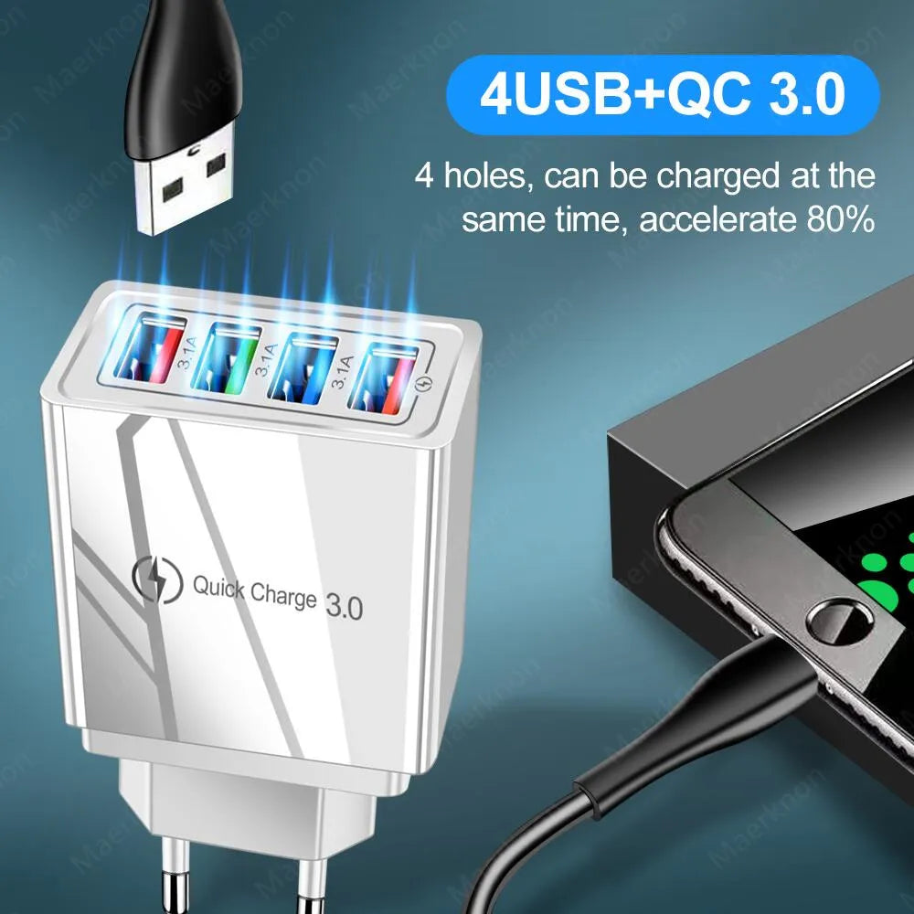 Quick Charger 3.0 48W 4 Port USB Charger Fast Charging Wall Adapter For iPhone 13 12 Pro Samsung Xiaomi EU/US Plug Phone Charger
