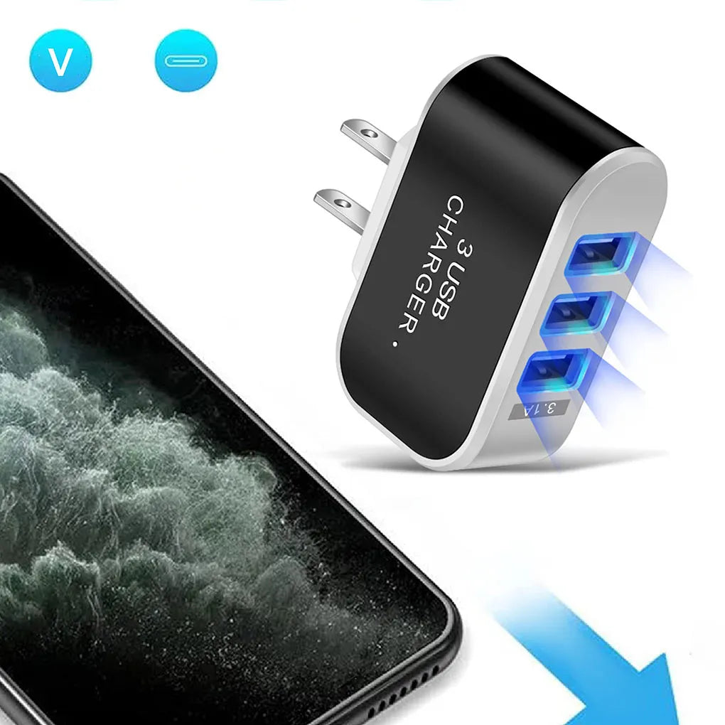 US Plug Phone Charger USB 3 Ports LED 110V Cellphone Tablet Charging Adapter Portable Circuit Protection Lighting Office Block