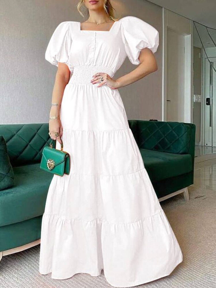 2022 Summer Women's Dress Fashion Solid Color Square Neck Bubble Sleeve Waist Closing Leisure Beach Oversized Women's Long Dress
