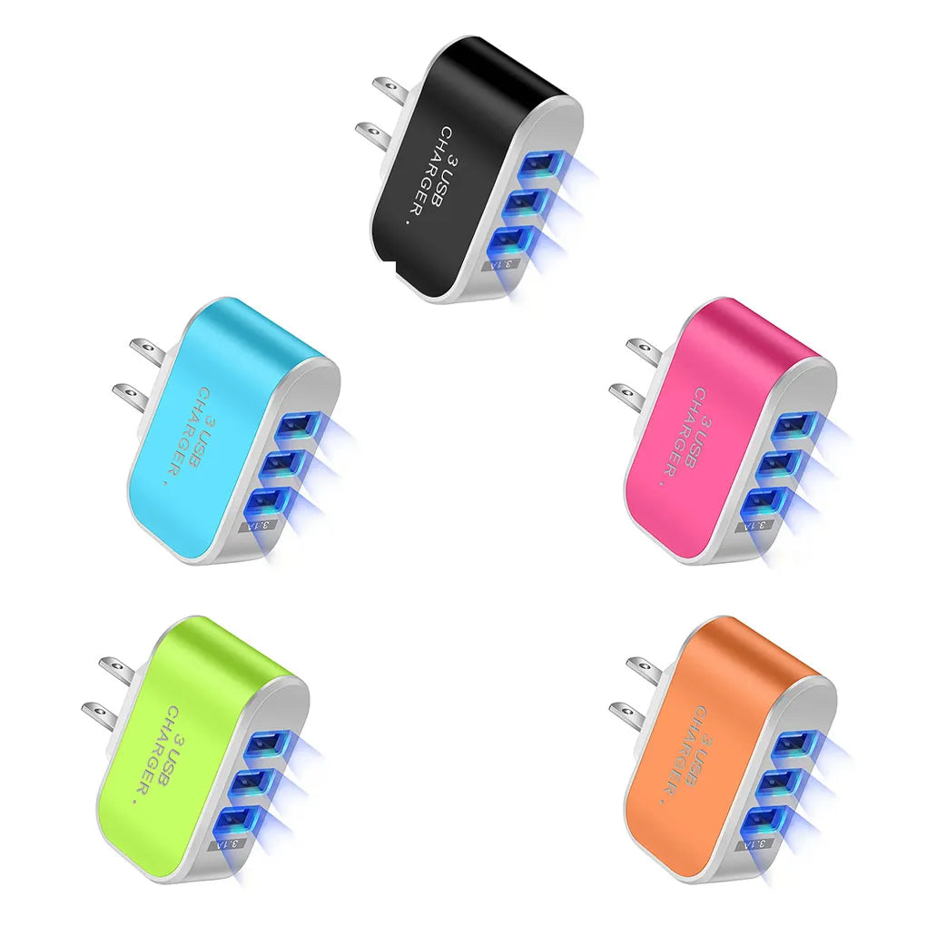 US Plug Phone Charger USB 3 Ports LED 110V Cellphone Tablet Charging Adapter Portable Circuit Protection Lighting Office Block