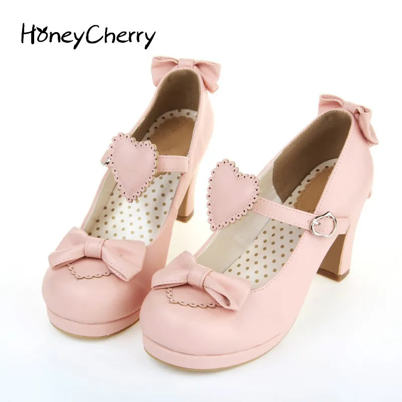 Honeycherry The New High-heeled Cute Bow Tie Sweet Lolita Girls Love Solid Round Princess Shoes More Softer Pumps