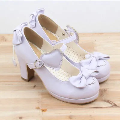 Honeycherry The New High-heeled Cute Bow Tie Sweet Lolita Girls Love Solid Round Princess Shoes More Softer Pumps