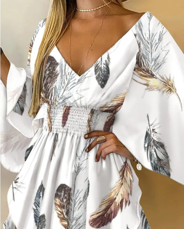 Women Fashion New Feather Print Batwing Sleeve Asymmetrical Dress