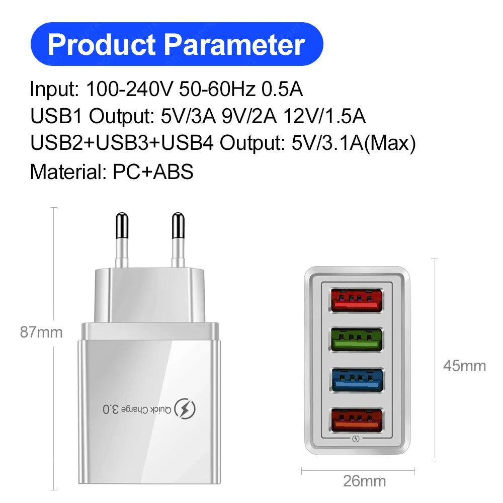 Quick Charger 3.0 48W 4 Port USB Charger Fast Charging Wall Adapter For iPhone 13 12 Pro Samsung Xiaomi EU/US Plug Phone Charger