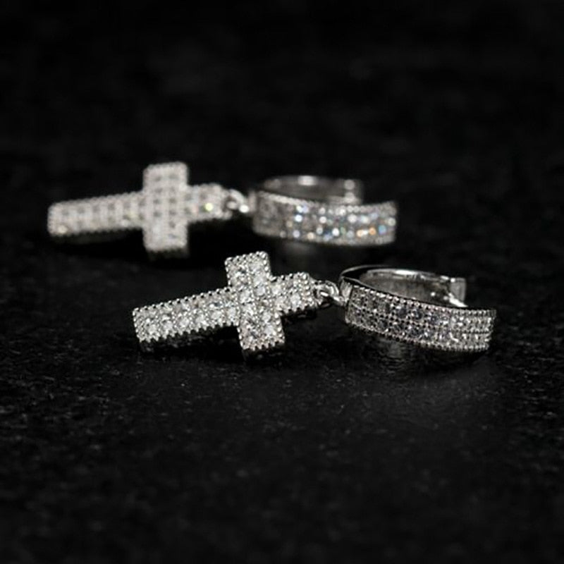 Silver Color Cross Stud Earrings with Bling Zircon Stone for Man Women Hip Hop Fashion Jewelry 2021 New